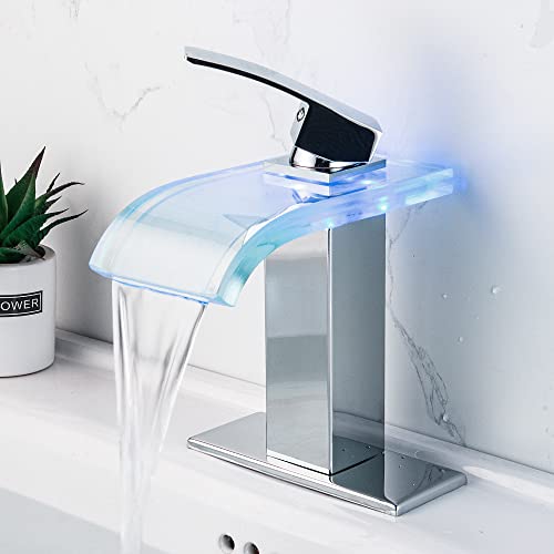 LED Bathroom Faucet, Chrome Waterfall Bathroom Sink Faucet, 1 Hole, 4 Inch Centerset, Color-Changing LED Temperature Control Light - color: Chrome
