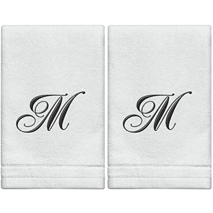 Personalized Initial Fingertip Towels - 2 Pack 11x18 - Black Embroidery On White Towel, Modern Monogrammed Towels, Great Personalized Initial Gift for Women, Teachers, Friends, Bridesmaids Initial M - color: M