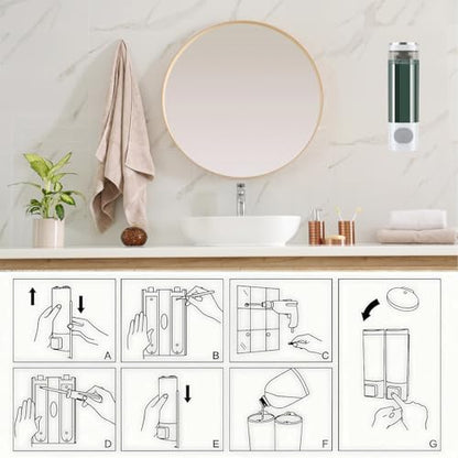 10oz/300ml Single Manual Wall Mounted Soap Dispenser, Silver & White | Bathroom Shampoo and Conditioner Dispenser, Clear Plastic Refillable Liquid Lotion Pump Dispenser and Organizer - color: White & Silver
