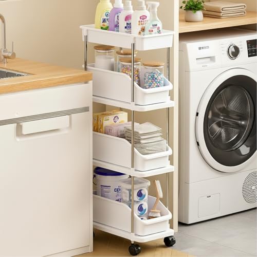Slim Storage Cart 4 Tier Slim Rolling Utility Cart with Pull-Out Baskets & Wheels for Narrow Space in Kitchen Dining Room Bathroom Laundry Room Cream White (Width 6.3 Inches) - size: 4 Tier