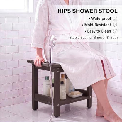 HDPS Shower Bench Waterproof Shower Chair Stool with Storage Shelf, Coffee | Heavy Duty Bathroom Bench Seat with Adjustable Feet, Anti-Rotting, No-Slip, Space-Save, No-Maintenance - color: Coffee