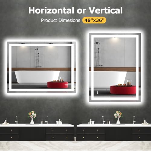 Hivone 48"X36" LED Bathroom Mirror with Lights, Anti-Fog, Dimmable, Backlit + Front Lit, Smart Bathroom Vanity Mirror, Memory Function, Shatterproof, Tempered Glass (Horizontal/Vertical) - size: 36"L x 48"W