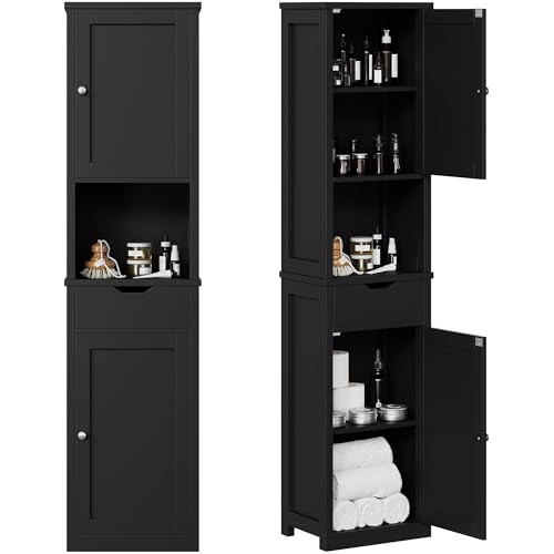 Shintenchi Tall Bathroom Storage Cabinet, Slim Corner Floor Cabinet with Doors and Drawer, Freestanding Narrow Bathroom Organizer with Adjustable Shelves for Small Space, Black - color: Black
