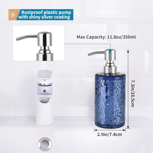 4 Pcs Mosaic Glass Bathroom Accessories Set, Modern Luxury Bath Ensemble, Includes Soap Dispenser, Cotton Swab Jar, Toothbrush Holder, Soap Dish (Shiny Blue)