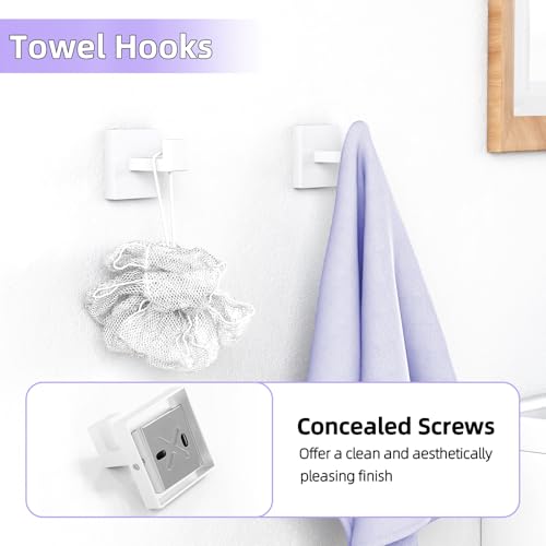 5-Pieces Bathroom Hardware Accessories Set, 24 Inch Stainless Steel Towel Racks for Bathroom, Towel Bar Set Towel Ring Coat Hook and Toilet Paper Holder with Shelf Wall Mounted, White - color: White