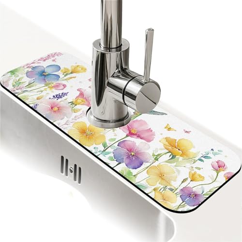 Kitchen Sink Splash Guard，Spring-flowers with hummingbirds Faucet Mat Sink Gadgets-Super Absorbent Fast Drying Mat Drip Catcher for Kitchen, Bathroom,Sink Mat, Dish Drying Mat, Bathroom(15" X 5.5" ) - color: Spring-flowers with hummingbirds