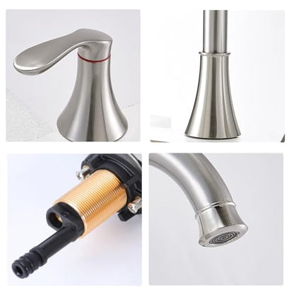 Friho 8 Inch Widespread 3 Hole Bathroom Faucet, Brushed Nickel Lead-Free 2-Handle Vanity Faucet with Swivel Spout, Pop-up Drain & Supply Hoses - color: Brushed Nickel-1
