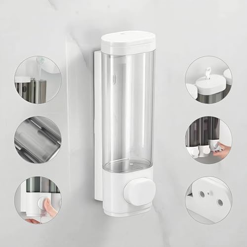 10oz/300ml Single Manual Wall Mounted Soap Dispenser, White | Bathroom Shampoo and Conditioner Dispenser, Clear Plastic Refillable Liquid Lotion Pump Dispenser and Organizer - color: White