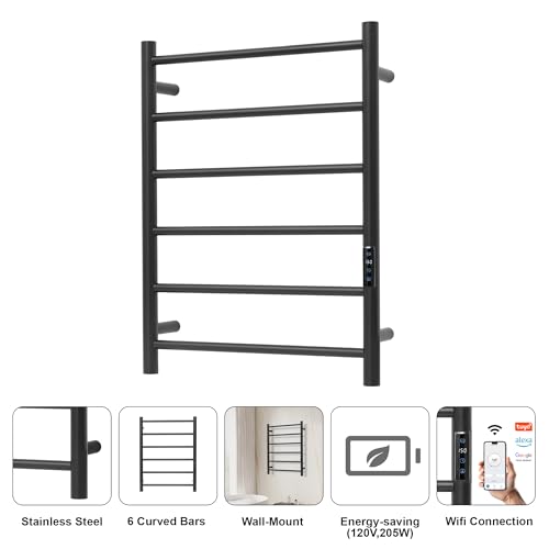 Electric Towel Rack with Voice Control for Alexa & Google Home,TUYA - Wall-Mounted Bathroom Heating Towel Warmer,Plug-in,Stainless Steel Material (Black with WiFi, 6 Bar)