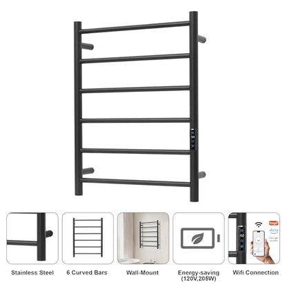 Electric Towel Rack with Voice Control for Alexa & Google Home,TUYA - Wall-Mounted Bathroom Heating Towel Warmer,Plug-in,Stainless Steel Material (Black with WiFi, 6 Bar)