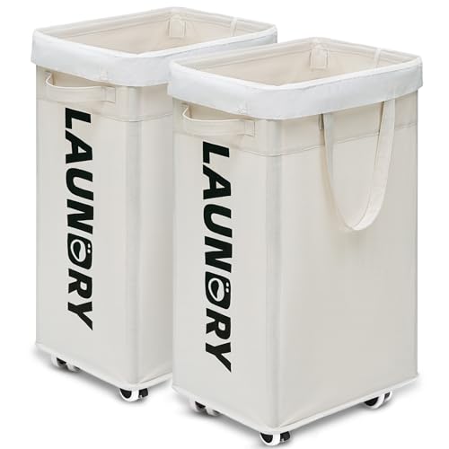 Goodpick 2-Pack Hamper with Wheels & Wash Bag, College Dorm Essentials,75L | Clothes Hamper with Removable Wash Bag for Laundry Room, Large Rolling Laundry Basket with Handles, White - color: White 2-Pack