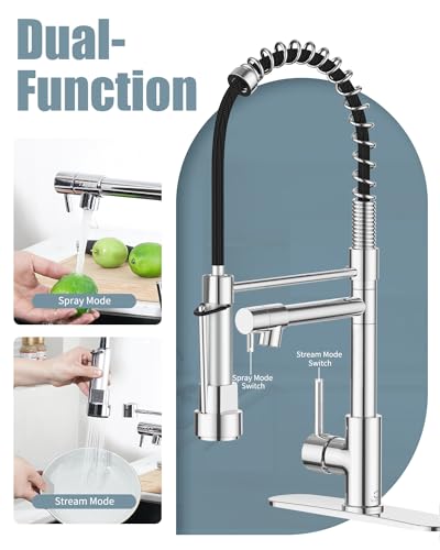Kitchen Faucet with Soap Dispenser, Kitchen Faucet with Deck Plate and Dual Function Spray Head, Chrome Faucet for Camper Farmhouse RV Kitchen Sink, Single Handle Stainless Steel Sink Faucet - color: E.Chrome Polished, style: 1.Faucet+Soap Dispenser+Hole