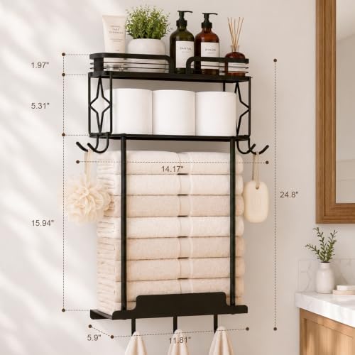 Towel Racks for Bathroom 23.8 Inch Wall Mounted Towel Rack with Shelf, Small Bathroom Towel Storage Holds 3–6 Large Rolled Towels, Metal Wall Towel Rack, Black - size: 23.8inch