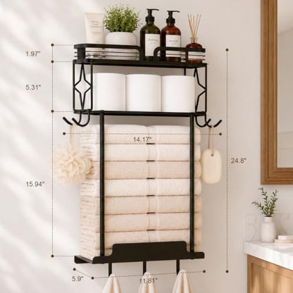Towel Racks for Bathroom 23.8 Inch Wall Mounted Towel Rack with Shelf, Small Bathroom Towel Storage Holds 3–6 Large Rolled Towels, Metal Wall Towel Rack, Black - size: 23.8inch