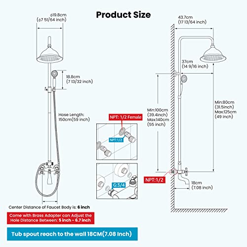 gotonovo Exposed Shower System with Spout,Polished Chrome,No Shower Shelf | Brass Shower Faucet Set,8’’ Rain Head with Handheld Spray,Swivel Tub Spout,2 Cross Handle,6’’ Hole Distance,Adjustable Height - color: Chrome
