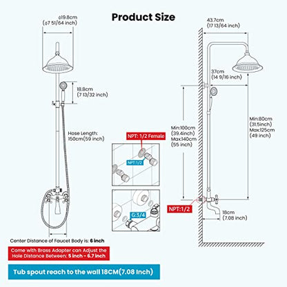 gotonovo Exposed Shower System with Spout,Polished Chrome,No Shower Shelf | Brass Shower Faucet Set,8’’ Rain Head with Handheld Spray,Swivel Tub Spout,2 Cross Handle,6’’ Hole Distance,Adjustable Height - color: Chrome