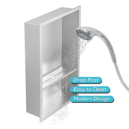 Qeke 12" x 18" Stainless Steel Shower Niche w/Double Shelves, Brushed Nickel - color: Brushed Nickel, size: 12X18"