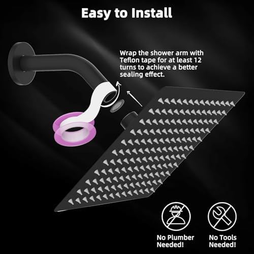 Hibbent All Metal 12 Inch Shower Head, High Pressure Stainless Steel Rain Showerheads, Bathroom Rainfall Showerhead with Ultra-thin Design, Adjustable Brass Ball Joint, Silicone Nozzles, Matte Black - color: Matte Black, size: 12 Inch