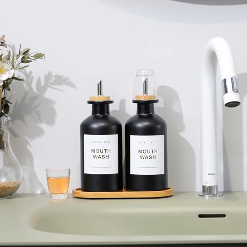 11.8OZ Glass Mouthwash Dispenser, Set of 2, Black | Stainless Steel & Bamboo Nozzle, Reusable Mouthwash Cup, Bamboo Tray, Elegant Gold Sticker - color: Black/350*2