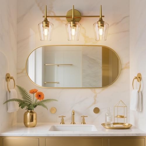 22 Inch 3-Light Gold Bathroom Vanity Light Fixtures | Wine Glass Clear Glass Wall Sconce, Modern Wall Mount Light for Bathroom, Hallway, Bedroom - color: 22 inch_Gold_3 lights