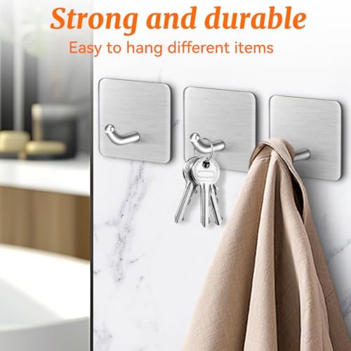 4 Pcs Stainless Steel Adhesive Hooks, Heavy Duty Waterproof Wall Hooks for Hanging Hat,Towel Robe Hook Rack WallMount- Bathroom and Bedroom (Square Silver) - color: Silver, size: Square