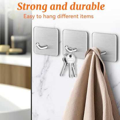 4 Pcs Stainless Steel Adhesive Hooks, Heavy Duty Waterproof Wall Hooks for Hanging Hat,Towel Robe Hook Rack WallMount- Bathroom and Bedroom (Square Silver) - color: Silver, size: Square