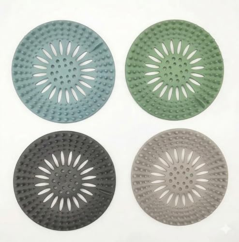 Silicone Sink Strainer Hair Catcher Set of 4 Colors - 5.3 Inch Drain Cover for Kitchen Bathroom Shower, Anti-Clogging Drain Protector with Suction Cups, BPA-Free, Blue Green Gray