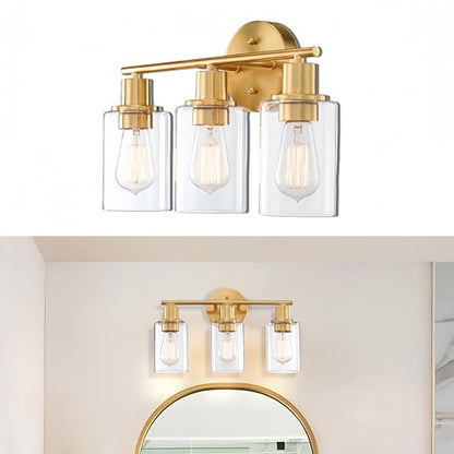 WISBEAM 3-Light Bathroom Vanity Light Over Mirror, Gold Bathroom Wall Sconce with Clear Glass Shade Including E26 Medium Base, Bulb NOT Included - color: Gold, size: VNT004