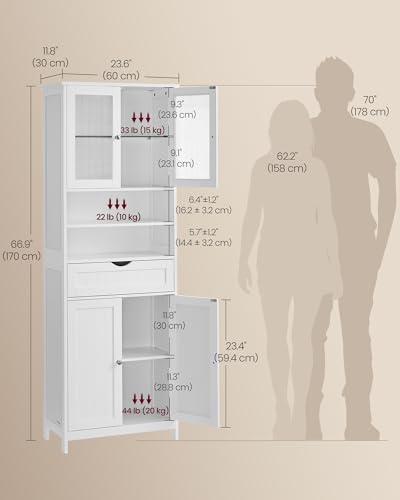 VASAGLE Storage Cabinet with LED Lights, Freestanding Storage Unit with Adjustable Shelves, Drawer, Open Compartments, for Bathroom, Living Room, Kitchen, Cloud White UBBC767WH01S - size: 11.8"D x 23.6"W x 69.9"H, style: 4 Doors + 2 Open Compartments+LED