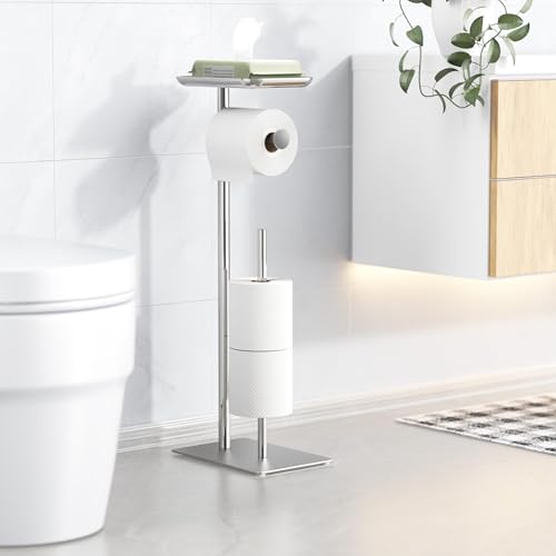 Toilet Paper Holder Stand with Top Storage Shelf | Free Standing Toilet Roll Dispenser for Bathroom, Holds 4 Reserve Rolls, Silver - color: Silver