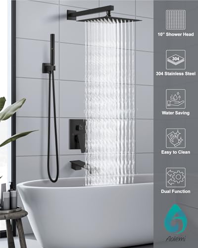 Aolemi Shower System with Tub Spout and Valve Matte Black | 10-Inch Square Wall Mounted Rainfall Shower Head and Handheld,3-Function Bathtub Shower Faucet Set - color: Black