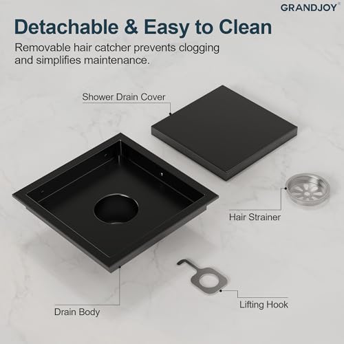 6 Inch Square Shower Floor Drain, Matte Black SUS304 Stainless Steel Grid Grate with X-Shaped High Flow Channel, Anti-Clogging Hair Strainer, Standard 2" Outlet | Reversible flat & tile-in cover, anti-odor auto-seal core, burr-free smooth edges for barefo