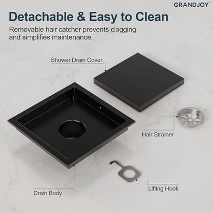 6 Inch Square Shower Floor Drain, Matte Black SUS304 Stainless Steel Grid Grate with X-Shaped High Flow Channel, Anti-Clogging Hair Strainer, Standard 2" Outlet | Reversible flat & tile-in cover, anti-odor auto-seal core, burr-free smooth edges for barefo