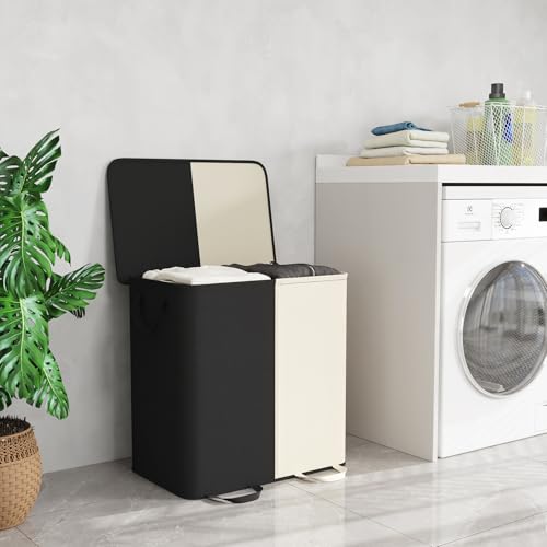Lifewit Double Laundry Hamper with Lid and Removable Laundry Bags, Large Collapsible 2 Dividers Dirty Clothes Basket with Handles for Bedroom Laundry Room Closet Bathroom College, 136L White&Black - color: White&black, size: 136L