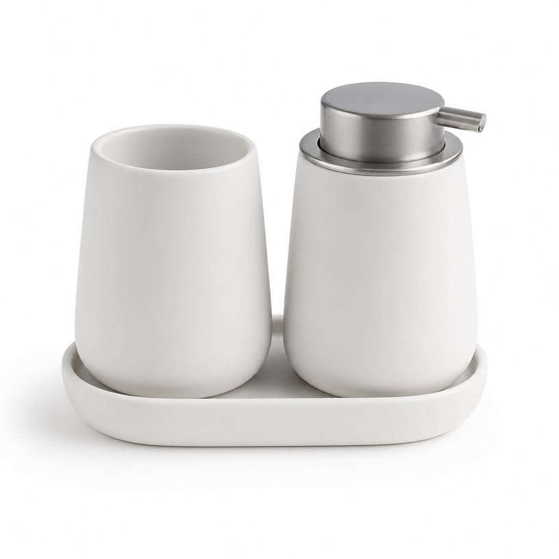 Ceramic Bathroom Accessories Set, 3 Pieces with Soap Dispenser, Toothbrush Holder, and Cup, Matte Black, Polished Finish (White) - color: White