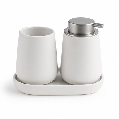 Ceramic Bathroom Accessories Set, 3 Pieces with Soap Dispenser, Toothbrush Holder, and Cup, Matte Black, Polished Finish (White) - color: White