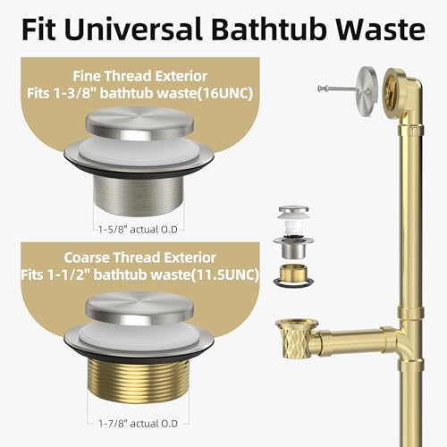Tip-Toe Bathtub Drain Kit with Hair Catcher, Brushed Nickel | 2-Hole Overflow Faceplate, Solid Brass, 5-Layer Plated, Fits 1.5"/1.75" Drains, For Bathroom Remodel, Matches Fixtures - color: Brushed Nickel