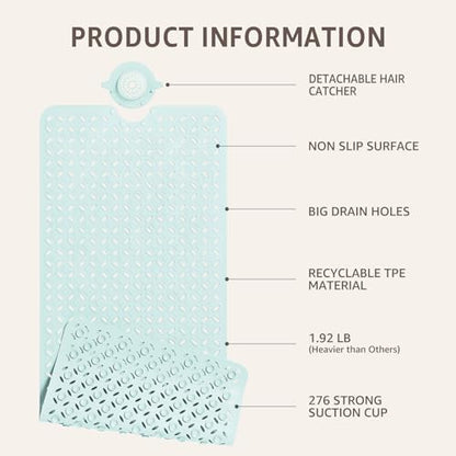 OTHWAY Bath Mat for Tub Non Slip: 39" X 17" Long Bathtub Mat with Hair Catcher│Big Drain Holes Shower Mats for Inside Shower│Machine Washable (Light Blue) - color: Light Blue