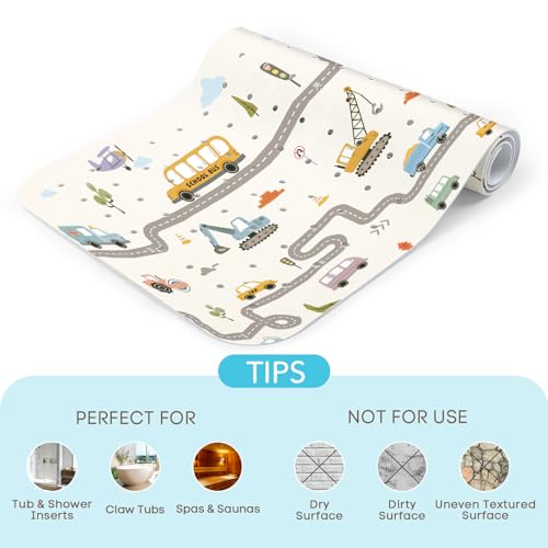 SHUCHING Baby Bath Mat for Tub Non Slip-40x16 Inch, Car and Road | Bathtub Mat for Kids & Toddler Mold Free, Long Shower Mat for Inside Shower with Suction Cup, Machine Washable - color: Car and Road