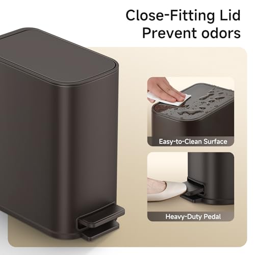 TIPGO Small Bathroom Trash Can with Lid Soft Close, Step Pedal, 1.3 Gallon / 5 Liter Stainless Steel Slim Garbage Can for Office, Diaper Waste Basket with Removable Inner Bucket (Brown) - color: Brown