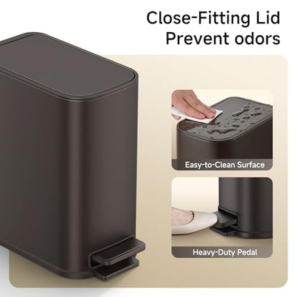 TIPGO Small Bathroom Trash Can with Lid Soft Close, Step Pedal, 1.3 Gallon / 5 Liter Stainless Steel Slim Garbage Can for Office, Diaper Waste Basket with Removable Inner Bucket (Brown) - color: Brown