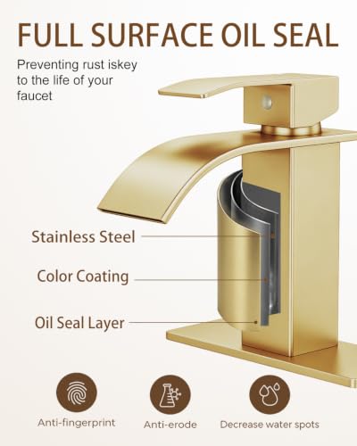 Waterfall Single Handle Bathroom Sink Faucet Light Gold | Vanity Faucet with Pop-up Drain, llaves para lavamanos de baño, Ceramic Valve, for 1 or 3 Hole Modern Bathrooms. - color: Light Gold