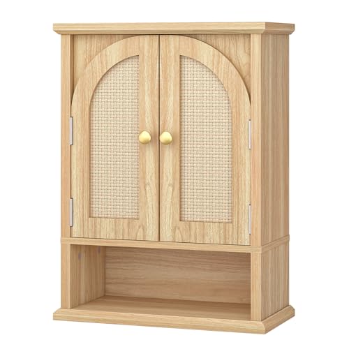 HOOBRO Arched Rattan Wall Cabinet for Bathroom, Over Toilet Storage Cabinet with Doors and Open Shelf, Farmhouse Medicine Cabinet with Adjustable Shelf for Bathroom Kitchen, Natural