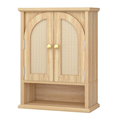 HOOBRO Arched Rattan Wall Cabinet for Bathroom, Over Toilet Storage Cabinet with Doors and Open Shelf, Farmhouse Medicine Cabinet with Adjustable Shelf for Bathroom Kitchen, Natural