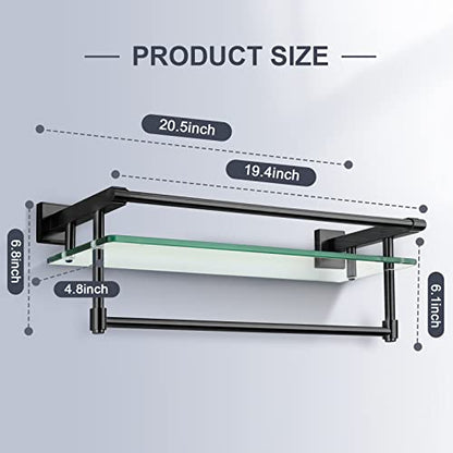 20-inch Glass Shelf with Towel bar, Matte Black-Finished Rail, Rectangular Stainless Steel Shelf, wall-Mounted Storage Rack - color: Matte Black, size: 20-inch with Railing