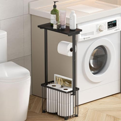 Free Standing Toilet Paper Holder with Storage Shelf – Bathroom Tissue Stand with Space for Phone, Wet Wipes and Magazines – All-in-One Toilet Roll Dispenser and Organizer Holds 4-6 Rolls - size: 28.5" H x 6.3" W x 13.4" D