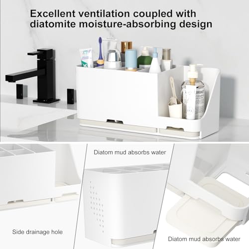 Bathroom Countertop Organizer with Water Absorbent Diatomite,8 Slots Bathroom Toothbrush Holder with Adjustable Dividers,Bathroom Sink Organizer Countertop (White) - color: White