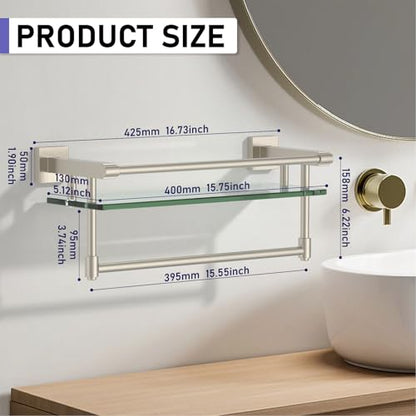 16-Inch Modern Glass Shelf with Towel Bar, 1-Shelf, Brushed Nickel Finish, Wall Mount, Bathroom Organizer - color: Brushed Nickel, size: 16-inch with Railing