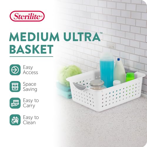 Sterilite Medium Ultra™ Basket, Open Plastic Storage Bin, White, 6 Pack | Classic Storage Organizer Baskets for Countertops, Pantry Shelves, Kitchen Cabinets, Laundry Rooms & Home Offices