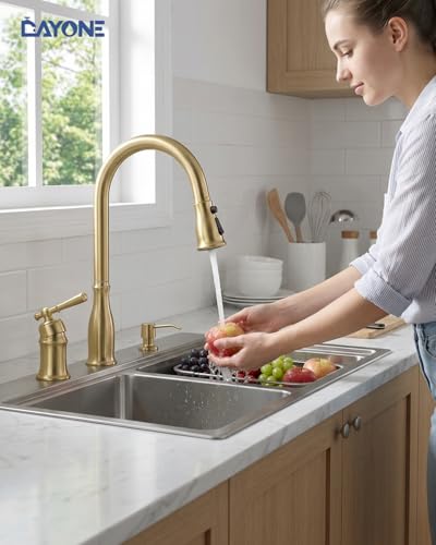 DAYONE Gold Kitchen Sink Faucets with Soap Dispenser and Separate Handle 3 Holes, 2 Holes Pull Down Brushed Gold Sink Faucet for Kitchen, Single Handle High Arc, DAY-CR272 - color: Brushed Gold, style: 3 Holes